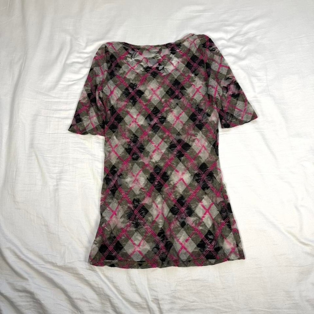 y2k Wallflower pink & grey mesh see thru lace short sleeve lace top - Picture 5 of 6